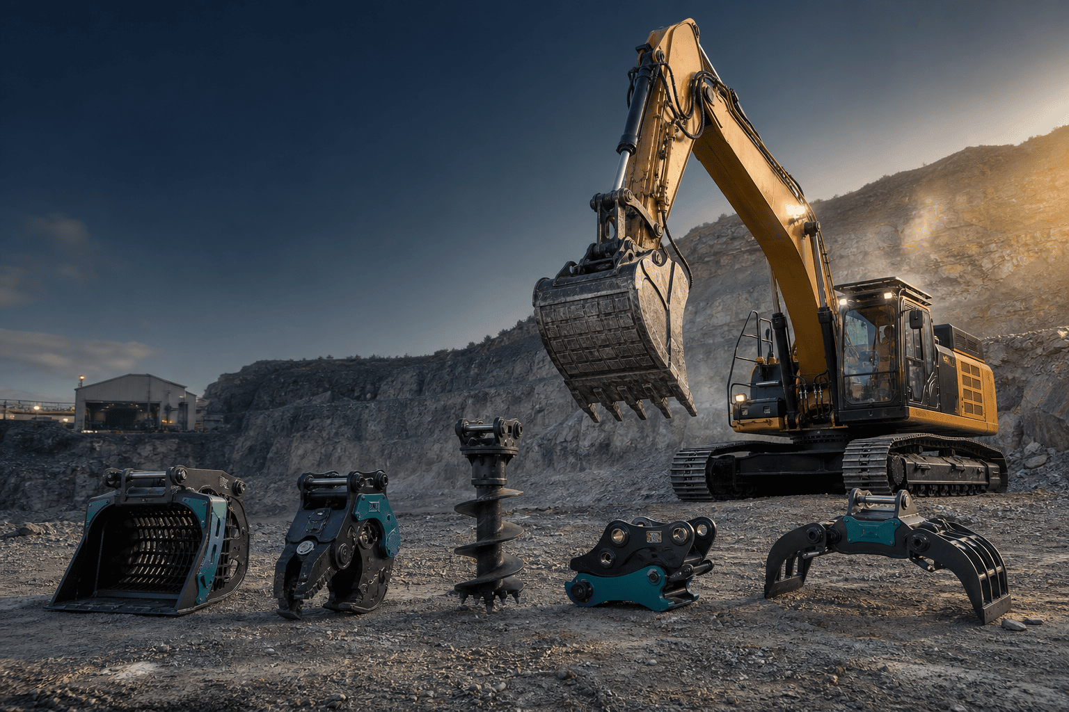Excavator and attachment lineup at a quarry