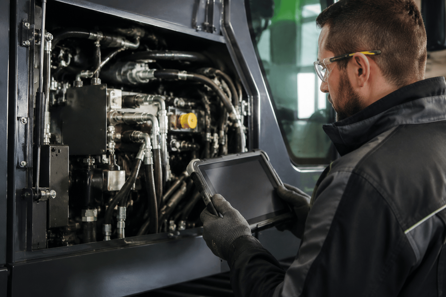 Technician inspecting a hydraulic system